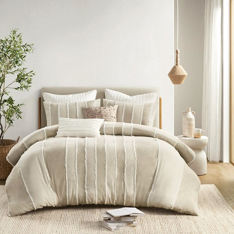 Housse de couette pour lit double / grand en coton 3 pièces avec décor alternatif rayé et fermeture à boutons