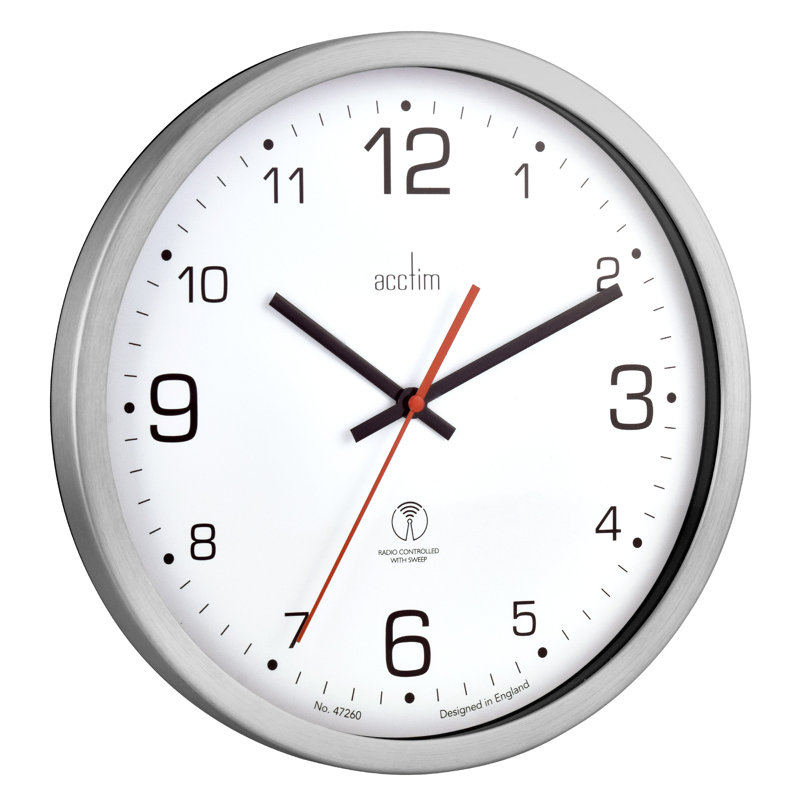 Acctim Atomik Wall Clock Non-Ticking Sweep Radio Controlled Brushed Metal Case Titanium 30cm