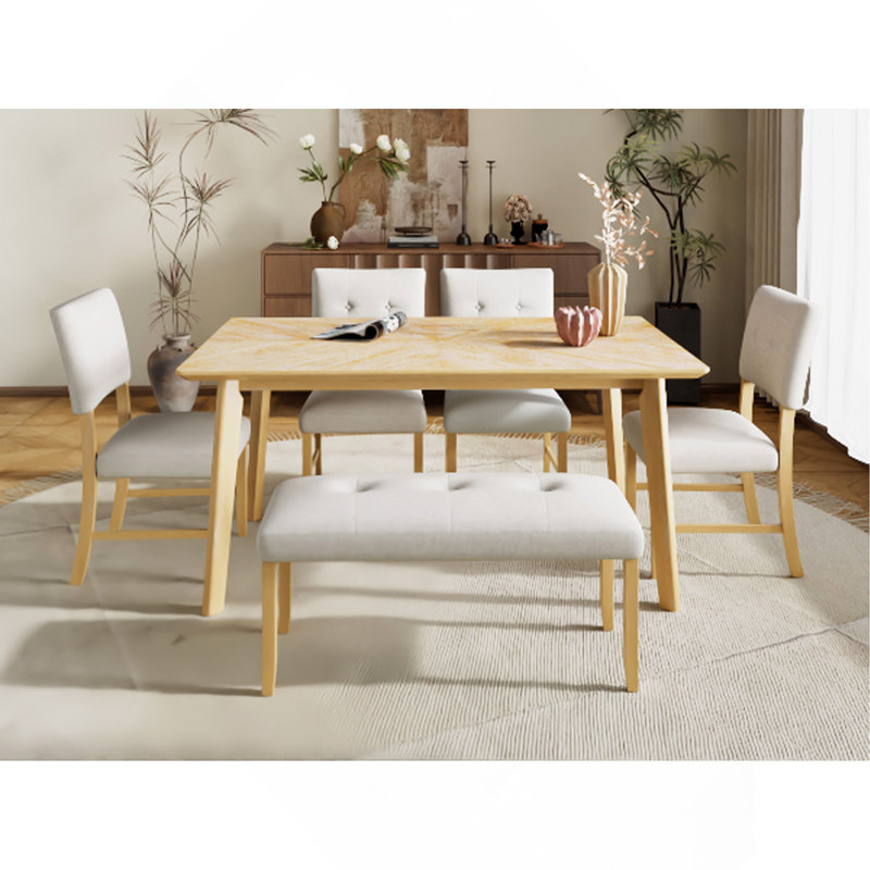 6-Piece Rustic Farmhouse Dining Table Set, Rectangular Solid+Manufactured Wood Kitchen Table with 4 Upholstered Chairs & Bench, Seats 6 Persons