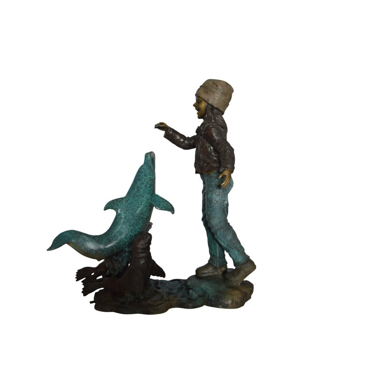 Brass Girl feeding a dolphin and seals bronze fountain -  Size: 28"L x 17"W x 37"H.