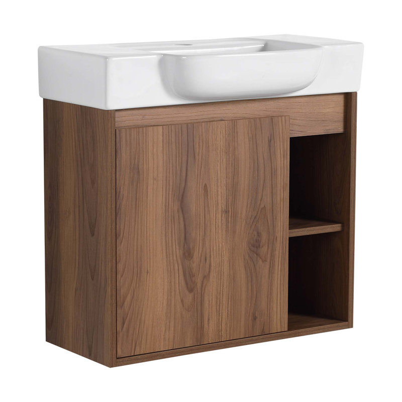 Meuble-lavabo mural avec lavabo en céramique blanche et porte à fermeture en douceur