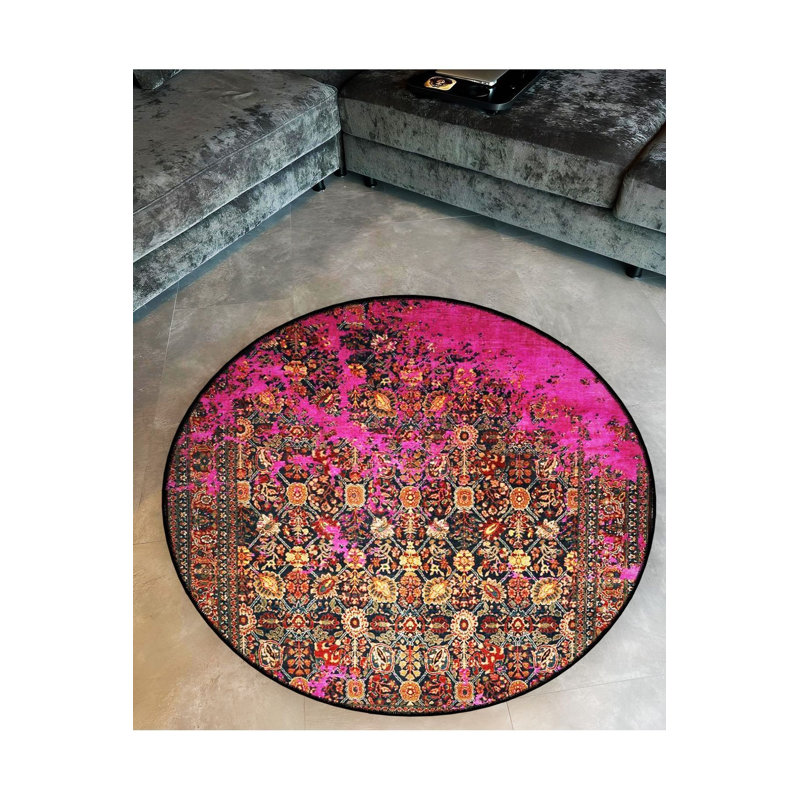 Tapis rond rond décoratif détaillé à motif antique rose, Sous-tapis rond 2 pi 8 po inclus