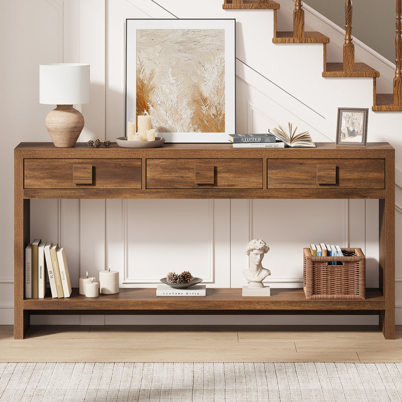 63-Inch Console Table With 3 Drawers, Farmhouse Entryway Table with Drawers For Hallway, Entryway, Living Room, Brown