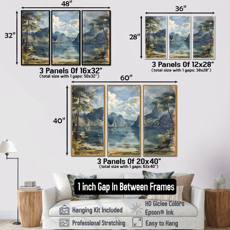Ensemble de décorations murales vietnamiennes, «Bay Long Beach», Vietnam, Toile avec cadre flottant brun