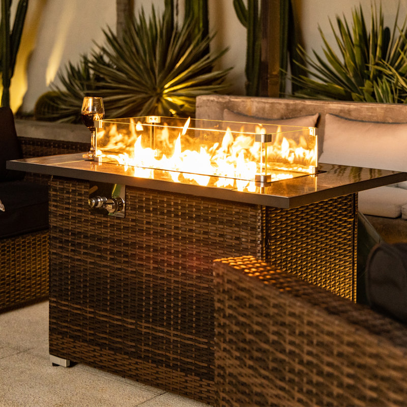 Rectangular Propane Fire Pit with Tile Tabletop 24'' H x 44'' W  – Glass Wind Guard, Protective Lid & Hideaway Tank Seat Included