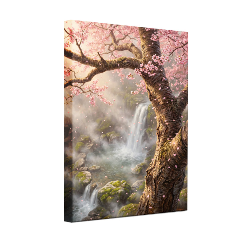 Plants & Flowers Cherry Blossom Waterfall Forest Scene, 18" H x 12" W
