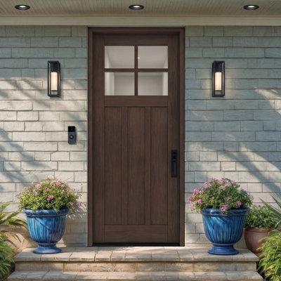 CRF-P3G4-SW-96 | 96" Single Door, RTA Prehung Exterior, SDL 4 Lite, 3 Panel, Unfinished Mahogany Wood