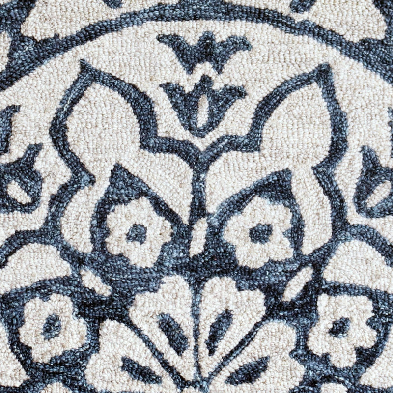 Genovese Floral Hand Hooked Wool Blue/Beige Area Rug, Half Circle 2'3" x 3'10"