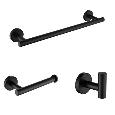 Quincaillerie de salle de bain en acier inoxydable Sus304 - noir mat. Contient une barre à serviettes, un porte-papier hygiénique et un crochet à peignoir. Antirouille. Style moderne. Installation sans effort. Fixation incluse