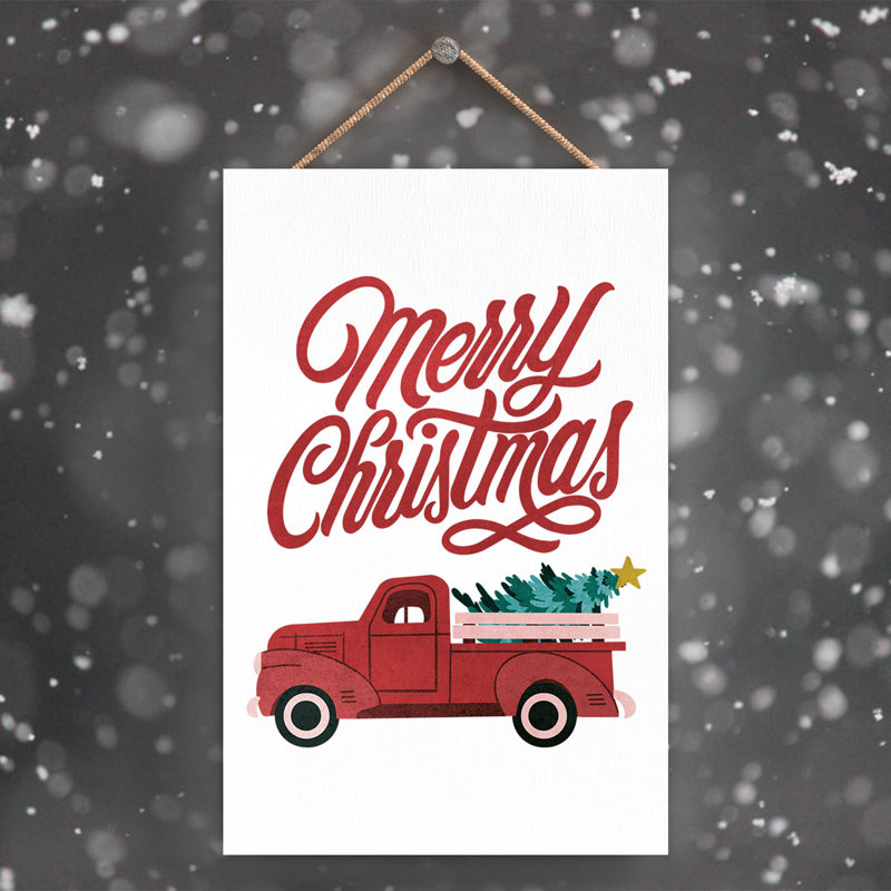 Xmas Merry Christmas Truck Wooden Plaque, 18.5cm H x 12cm W x 0.9cm D