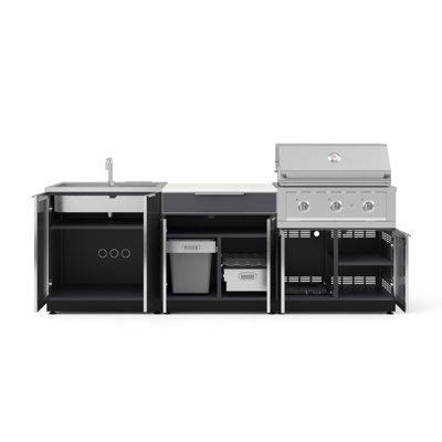 Ensemble d'armoires d'extérieur en aluminium noir 5 pièces avec bar, barbecue, évier, barbecue au gaz naturel 33 po et plateau blanc 32 po Dekton
