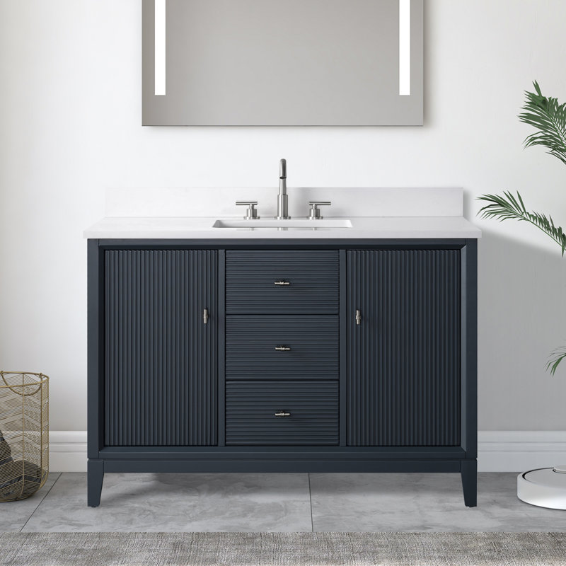 48" Single Bathroom Vanity with Engineered Marble Top, Brushed Nickel, Vintage Spruce Blue, Arabescato White