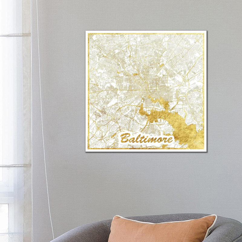 Baltimore Gold Leaf Urban Blueprint Map by Hubert Roguski - Wrapped Canvas Print, 66.04 cm H x 66.04 cm W x 3.175 cm D