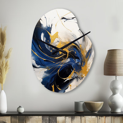 Dark Blue and Gold Strokes VII - Fractals Asymmetrical Metal Clock, Blue Unique Shape Wall Clock Print