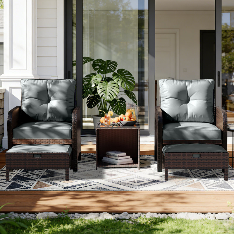 5-Piece Wicker Patio Conversation Set Outdoor Seating Group with Table and Dark Gray Cushions, Dark Gray