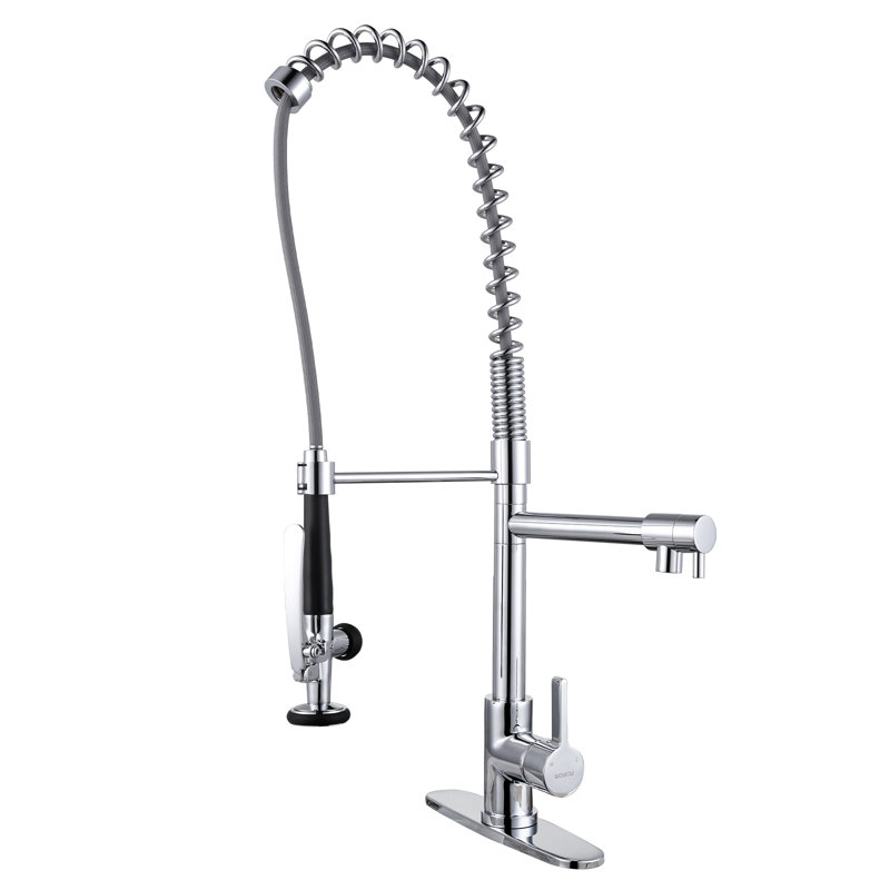 Deck Mounted 2-Handle Pull Down Sprayer Commercial Kitchen Faucet, Chrome