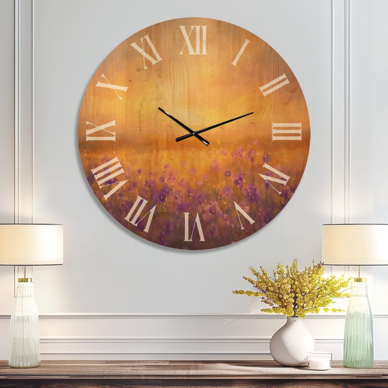 Horloge murale surdimensionnée à motif floral - champ violet doré, imprimée sur bois, Oversized