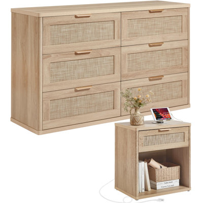 Rattan Dresser and Nightstand Set of 2, 6-Drawer Dresser and Nightstand with Charging Station