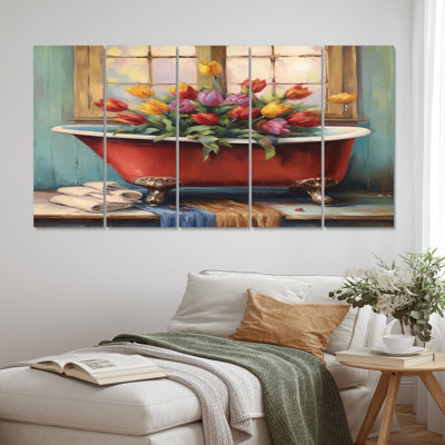 «Bathaign with Blossoming Red Tulips IV», reproduction d'art sur tulipe - 5 panneaux égaux