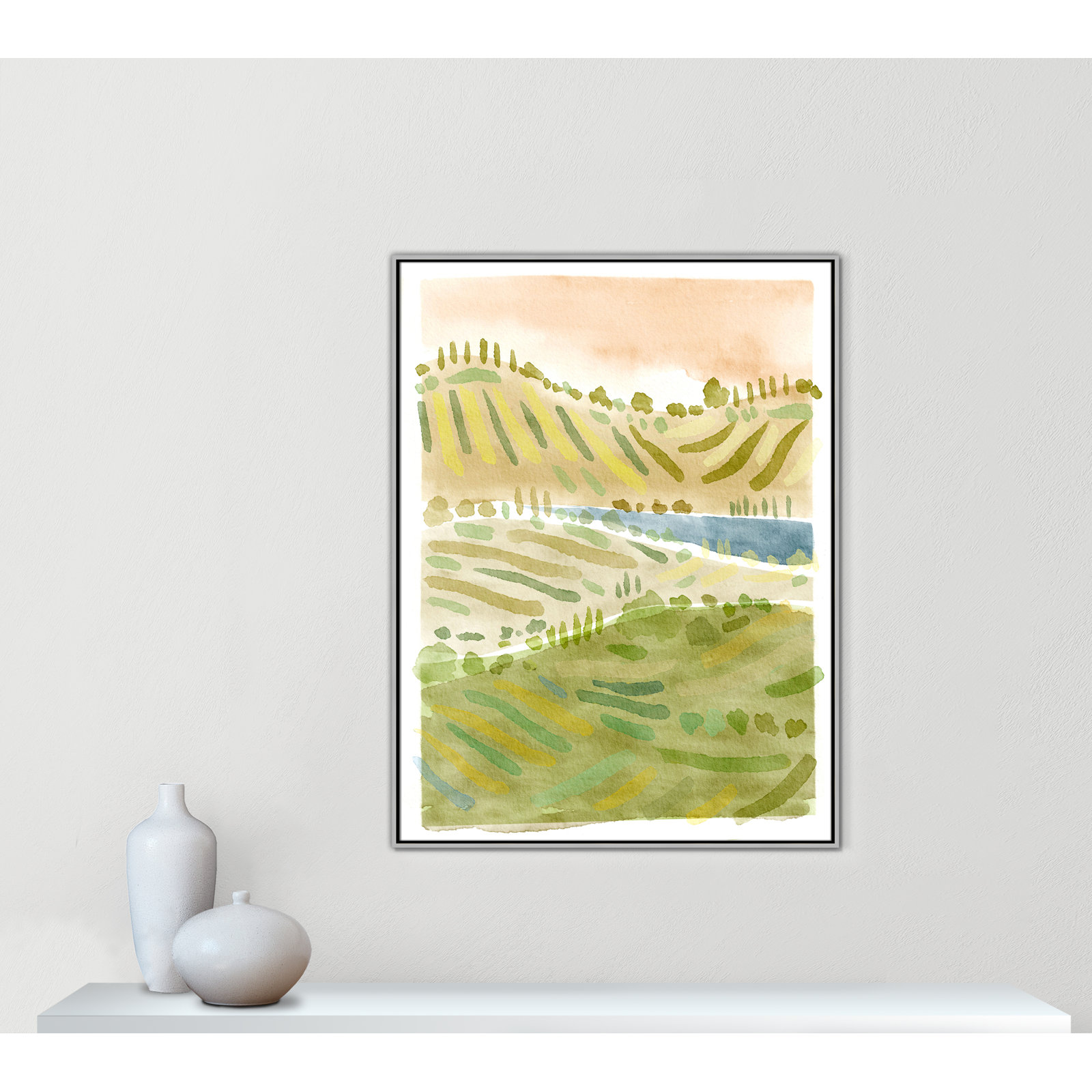 Tuscan Countryside Print, Silver Floater Framed Canvas, No Mat, 49.5" H x 37.5" W x 2" D