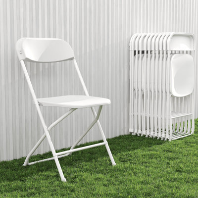Folding Chair for Patio Garden and Party, White Lightweight Stackable Plastic Seat with Steel Tube Frame