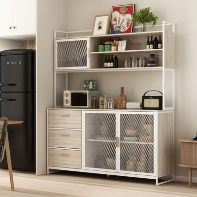Industrial Pantry Cabinet With Hutch And Metal Mesh Doors