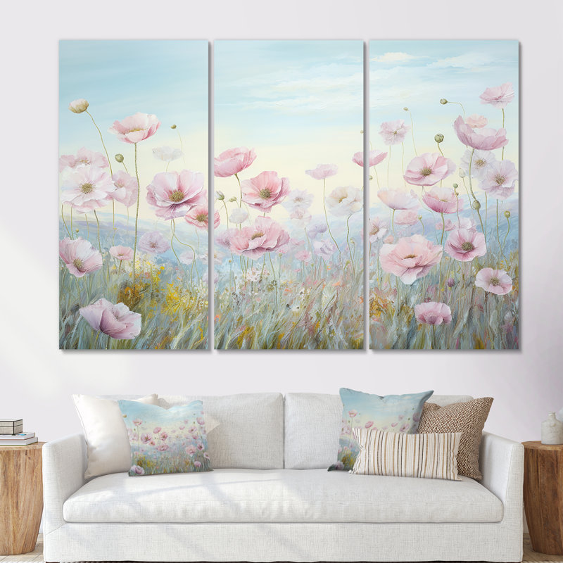 Rose Ranunculus Field In Mountain I - Ensemble de décoration murale Renoncule, Toile tendue, H 32 po x l 48 po x P 1 po