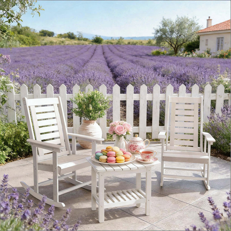 Ensemble de 2 chaises berçantes d'extérieur en PEHD avec dossier et siège à lattes, capacité de 265 lb, Blanc
