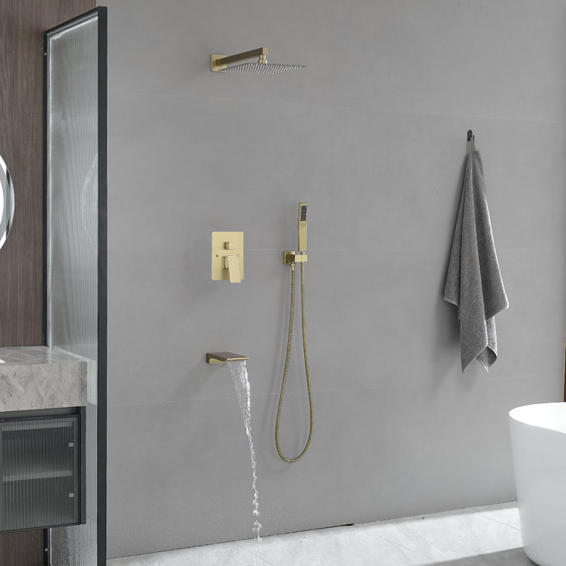 Single Handle 1-Spray Tub And 12 In. Shower Faucet 2.5 GPM With High Pressure (Valve Included), Brushed Gold