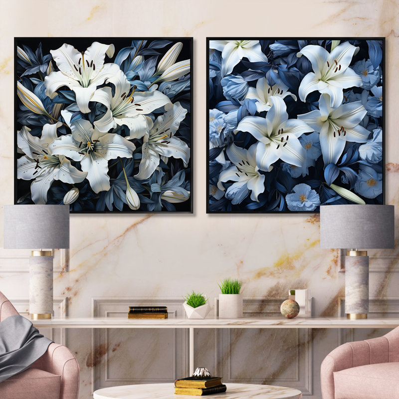 Ensemble de 2 carrés de lys blancs et bleus, Cadre flottant noir, H 16 po x l 33 po