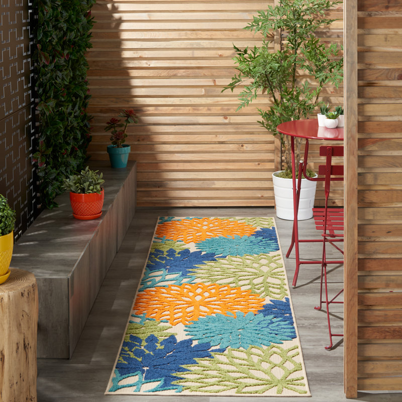 Alsaedi Floral Green/Blue/Orange Indoor/Outdoor Area Rug, Runner 2'3" x 8'