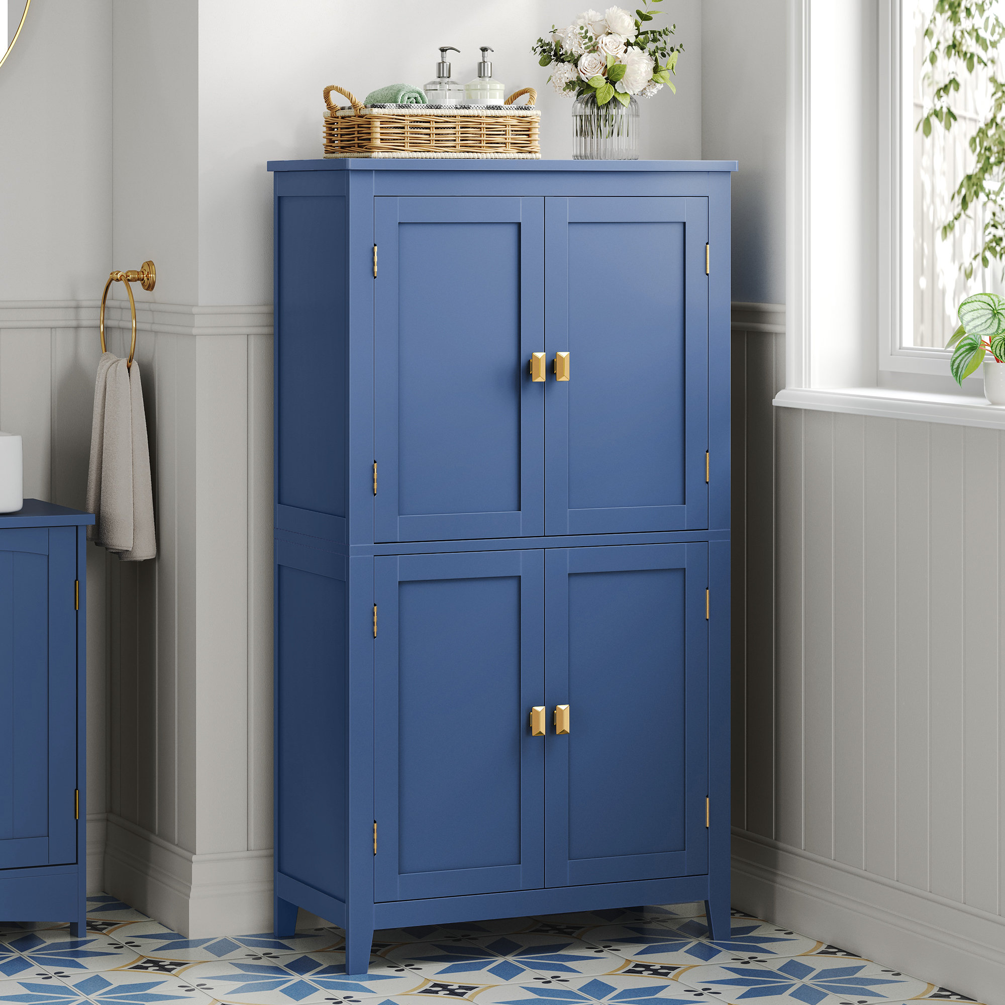Arhavi Bathroom Floor Storage Cabinet, Bathroom Storage Unit, Freestanding Cabinet With 4 Doors