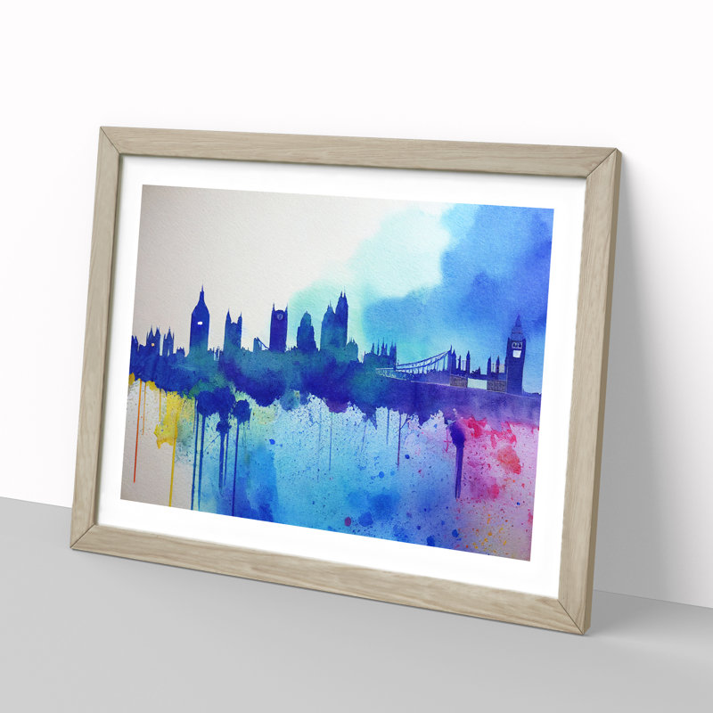 Bold London Skyline Watercolour Vol.4 Abstract 1 Piece Single Picture Frame Painting, 34cm H x 46cm W x 2cm D, Oak Framed