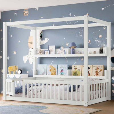 Lit simple à baldaquin Montessori avec garde-corps et tablettes, en bois massif, sans sommier, idéal pour les chambres d'enfants