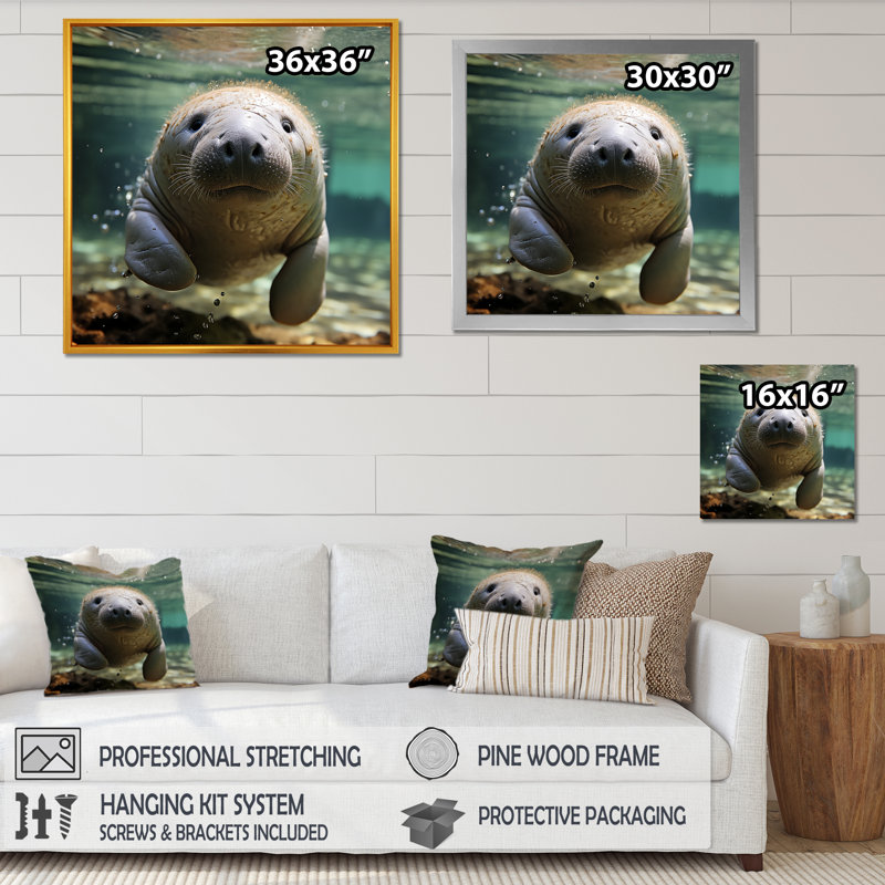 Curious Manatee Gaze II - Lamantin, art mural, H 30 po x l 30 po x P 1,5 po, Cadre flottant doré