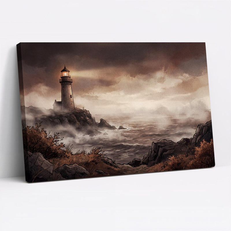 Art sur toile, "Phare sur une côte rocheuse en sépia", H 32 po x l 48 po