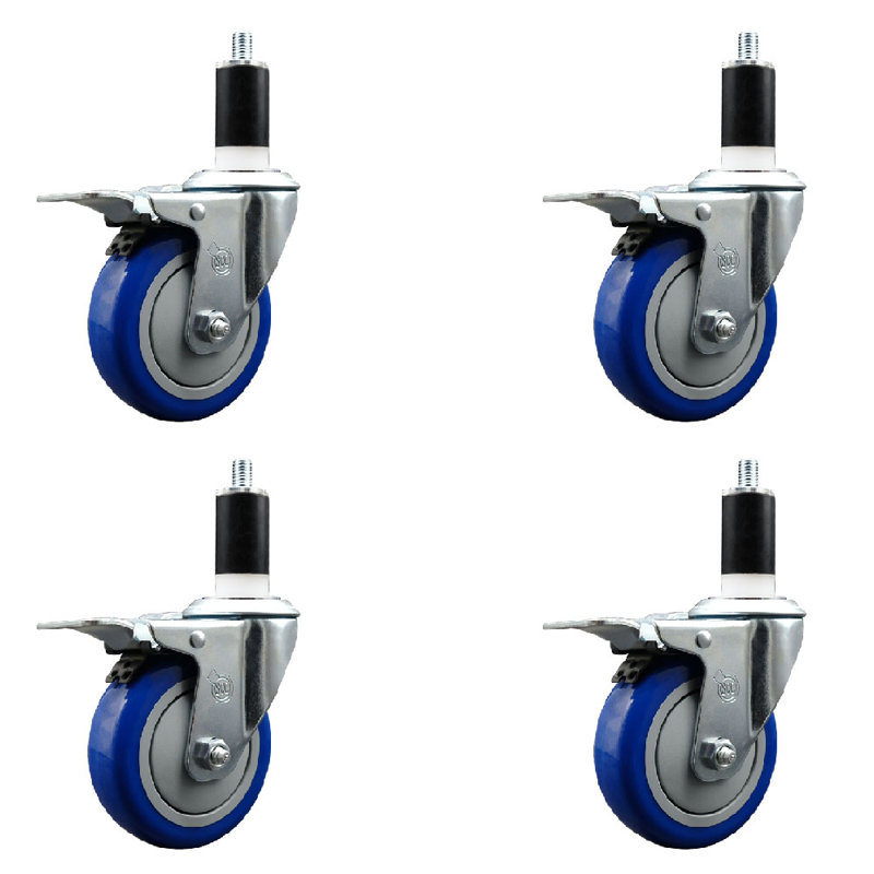 Ensemble de roulettes à tige extensible en polyuréthane rotatif 4 po 4 po, Bleu