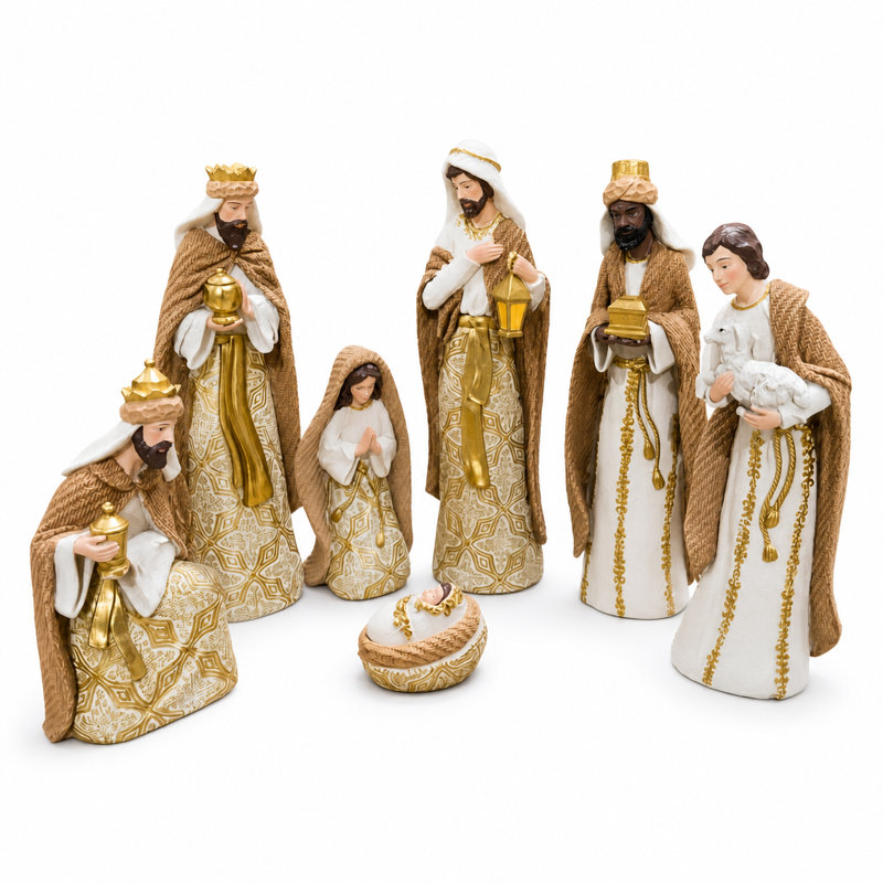 Crèche de 7 pièces de 38 cm, ivoire et or