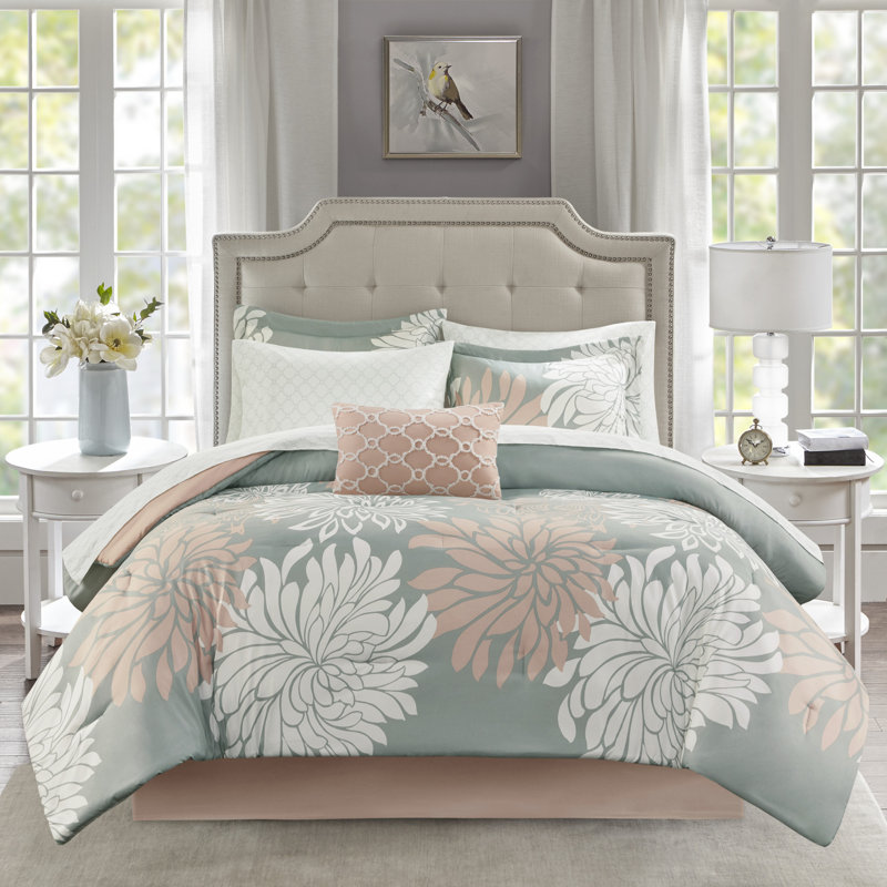 Maible Floral Comforter Set with Cotton Bed Sheets, Queen Comforter + 1 Bed Skirt + 2 Shams + 1 Oblong, Blush/Gray