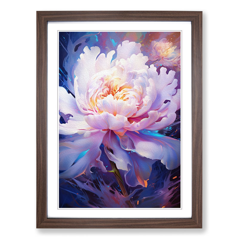 Peony Flower Futurism - Single Picture Frame Print on Wood, 64cm H x 46cm W x 2cm D, Walnut Framed