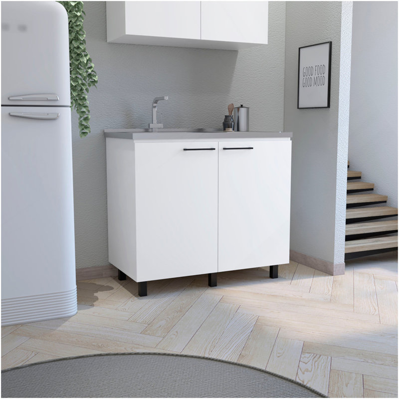 Évier utilitaire 2 avec armoire Napoles, comptoir en acier inoxydable, tablette intérieure blanche, Blanc