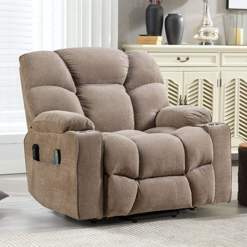 42.9'' Wide Oversize Power Lift Assist Reclining Heated Massage Chair with Cupholders, Side Pocket & USB Port, Warm Taupe