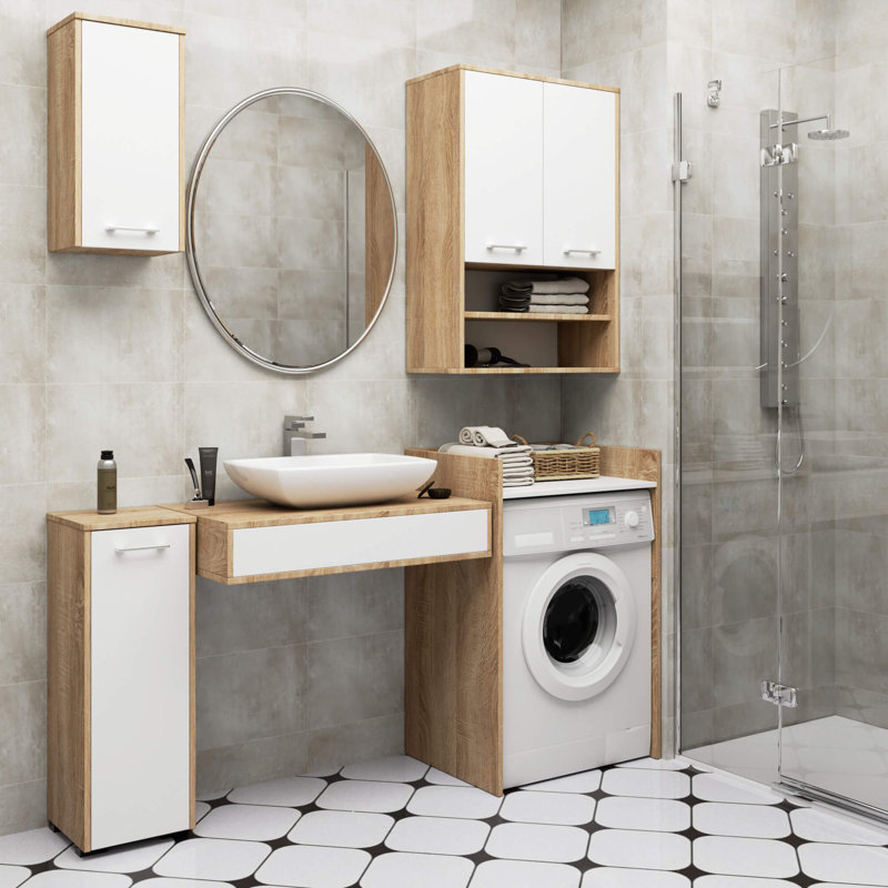 Laz-Son Freestanding Bathroom Cabinet, Natural/White