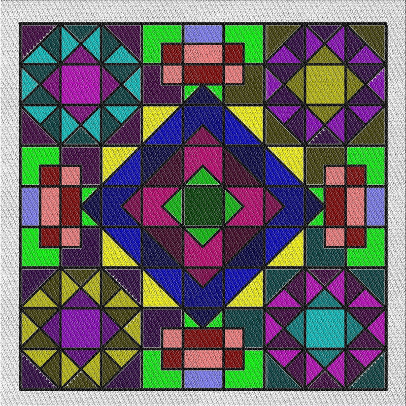 Tapis rouge / vert / mauve, Carré 5 pi