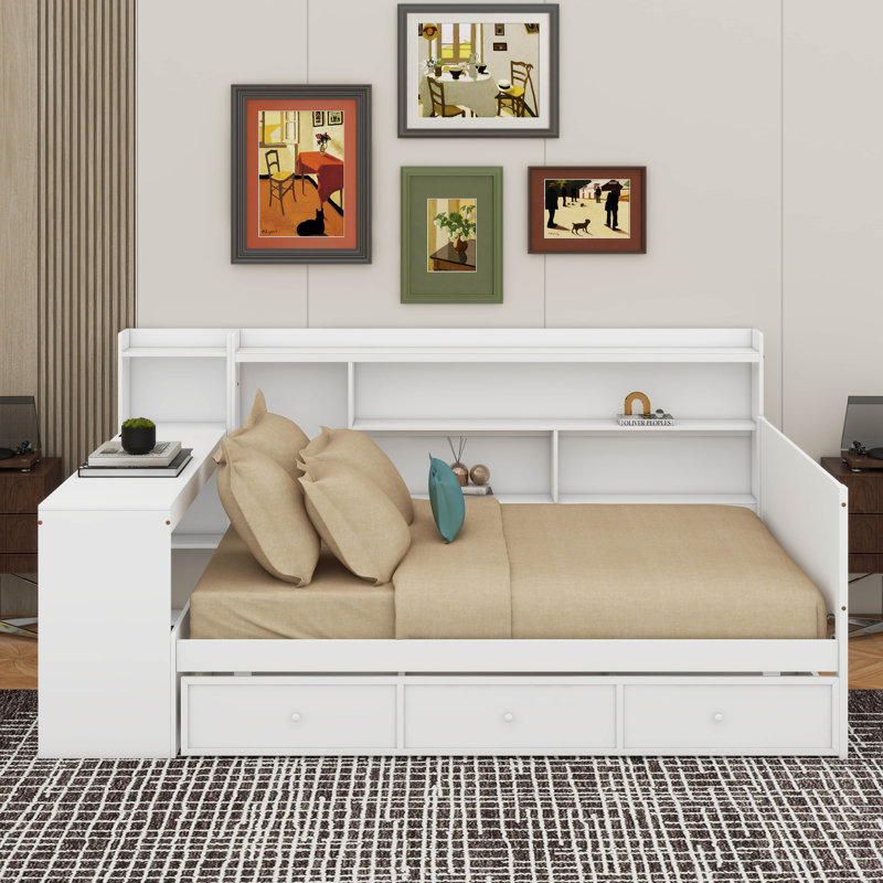 Full Size Wooden Daybed With Drawers, USB And Desk, White