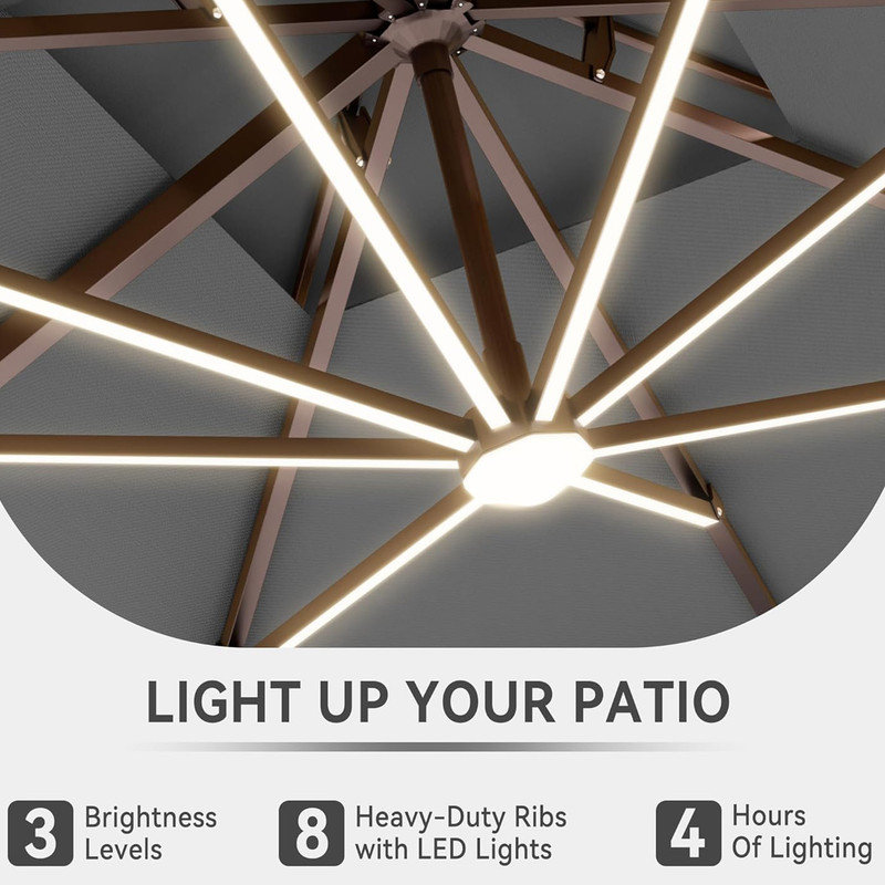Gray 10 x 13 FT Cantilever Outdoor Patio Umbrella with LED Lights