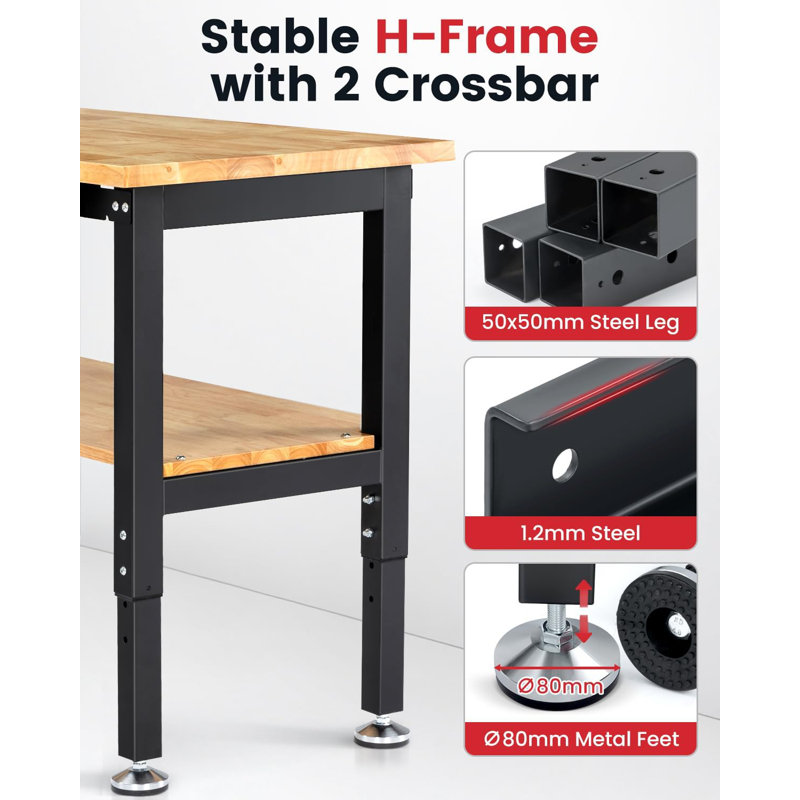 Solid Wood Top Height-Adjustable Workbench, 39.4" H x 48" W x 20" D