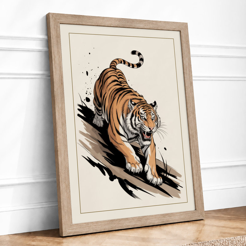 Stalking Tiger Japandi - Framed Print, A3 - 42.0 x 29.7 cm, Oak
