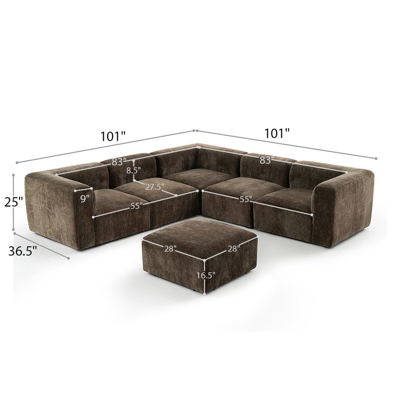 Confesor Chenille Modular L-Shaped Sectional Sofa With Ottoman, Chocolate Chenille