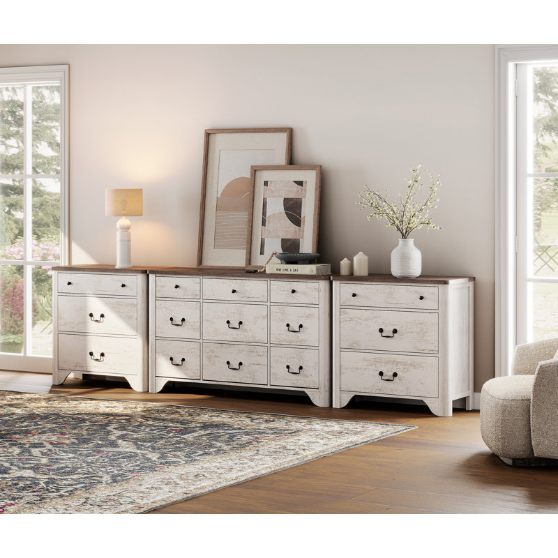 Ensemble de commode de chambre 3 pièces, commode 9 tiroirs et commode 3 tiroirs Haikey, Blanc / brun
